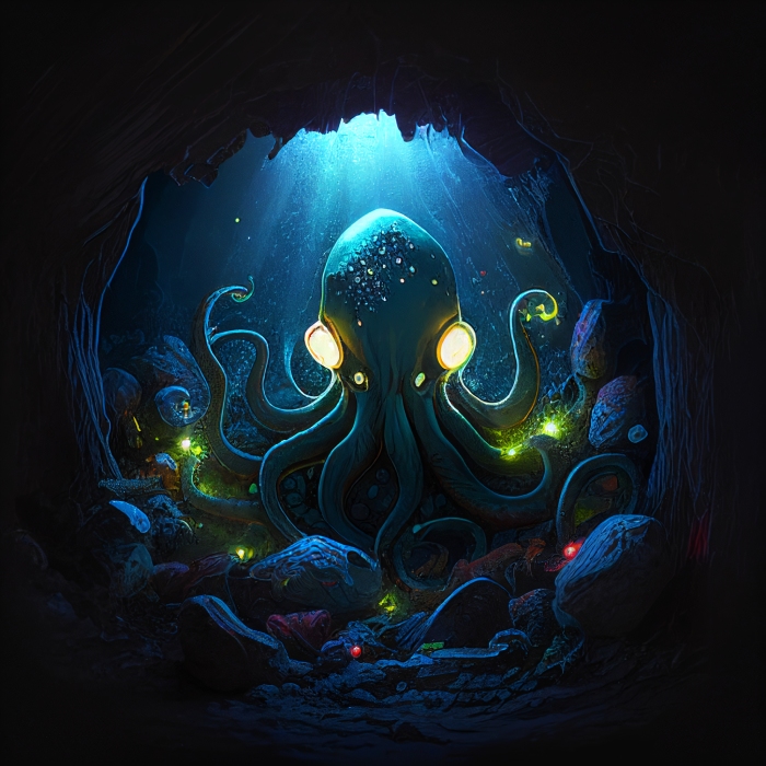 an octopus with glowing eyes hiding in an under water cave